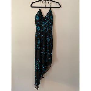 Cache Y2K Black Blue 100% Silk Beaded Floral Halter Midi Dress Women's size XS